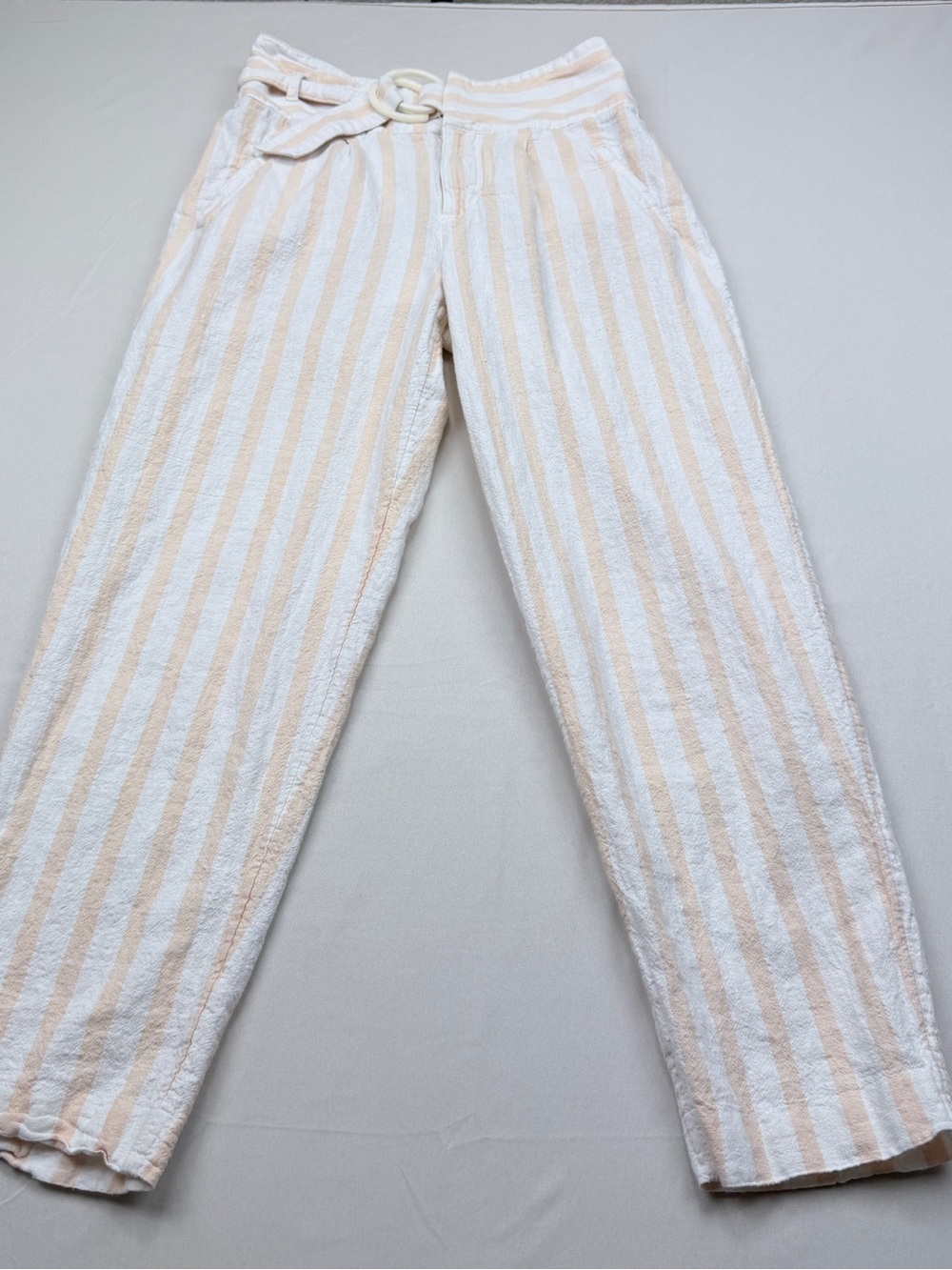 Anthropologie Peach & White Striped Ankle Pants with Ring Belt